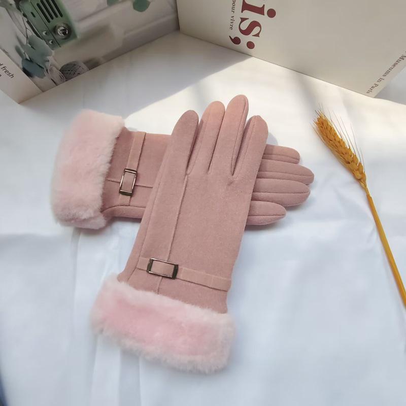 

Осенне-зимние теплые замшевые перчатки с бархатными утолщенными плюшевыми декоративными манжетами, уличные перчатки для катания на лыжах с сенсорным экраном и защитой от холода розовый