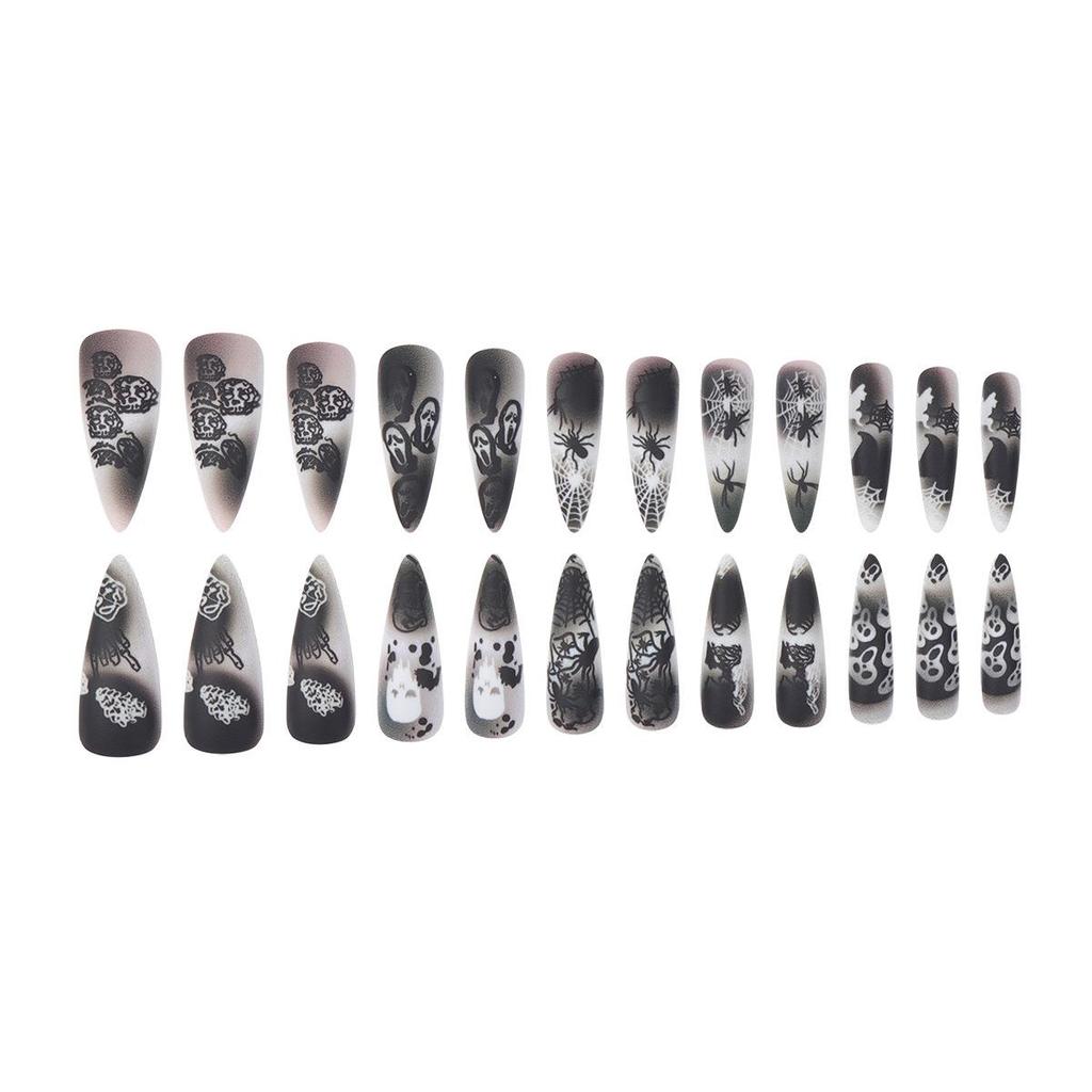 Halloween Ghost Face Matte Nails: 24-Piece Black & White Spider Web and Skull Stickers