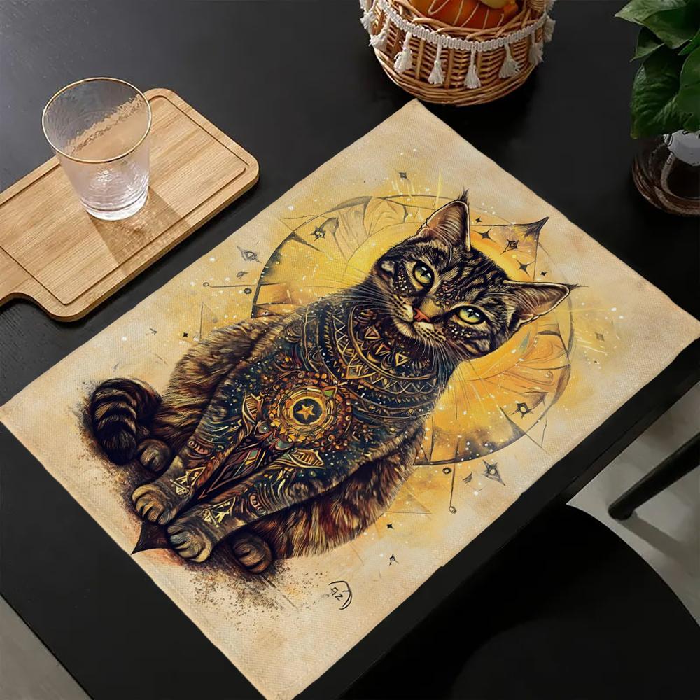 1PC Placemat,A black cat in ancient Egypt abstract art, Dining Table Decor, Kitchen Supplies, Home Decor