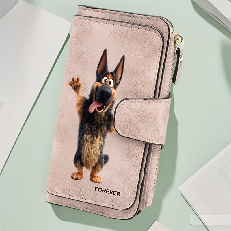 Cartoon-themed wallet, featuring a German Shepherd design, women's model, foldable design. This multifunctional wallet includes a coin purse with a