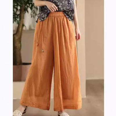 Kadın Vintage Geniş Paça Pantolon Düz Renk Yazlık Elastik Bel Pantolon Bol Günlük Pantolon