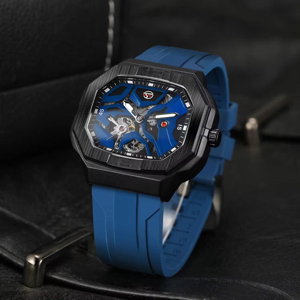 Forsining Mens Skeleton Automatic Self Wind Mechanical Movement Watches Waterproof Luminous Square Dial Silicone Strap Wrist Watch