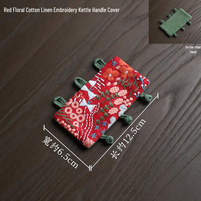 Handmade Floral Embroidered Cotton Linen Pot Mat - Thick Heat-Resistant Anti-Scald Donut for Tea Ceremony.