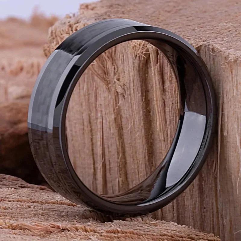 Fashion Men Stainless Steel Rings Inlaid Black Carbon Fiber Rings for Men Women Wedding Engagement Party Jewelry Gifts