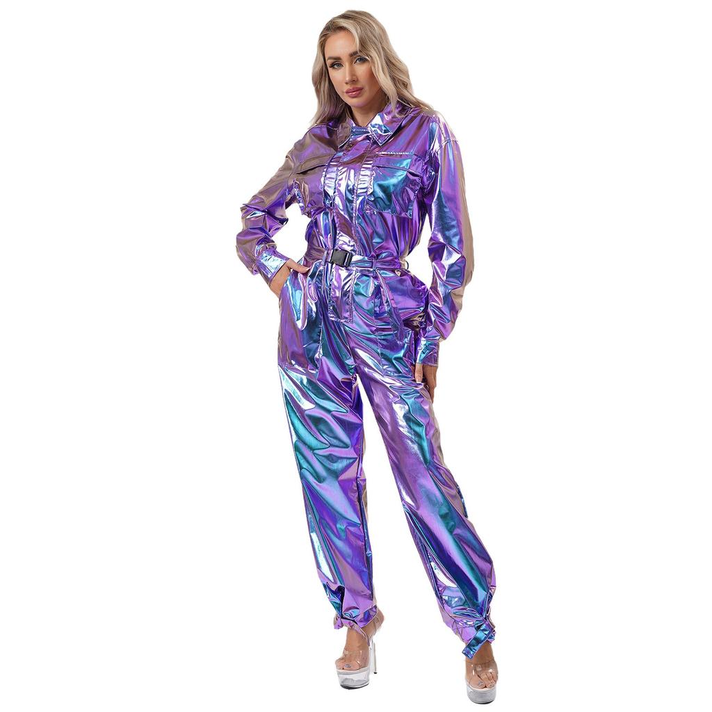 Damski Błyszczący Kombinezon Body Metaliczny Kombinezon Długi Rękaw Kołnierzyk Klapowy Wysoka Talia Kostium na Imprezę Halloweenową