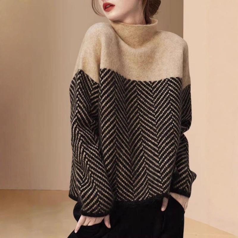 Womens Oversized Knit Sweater With Colorblock Stripe Design High Neck Loose Fit Winter 2025