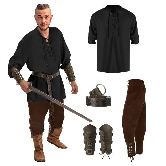 4 Pcs Halloween Men's Renaissance Costume Set Medieval Pirate Shirt Ankle Banded Pants Viking Belt Accessories