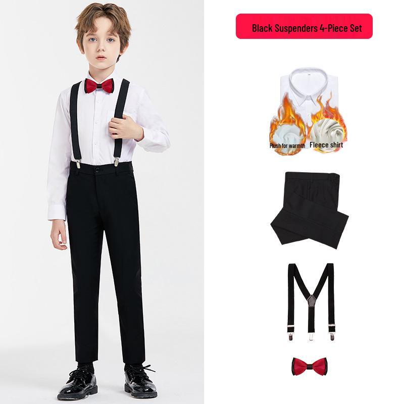 Boy's Formal Ensemble: Fleece White Shirt, Black Suit Pants, Vest, Page Boy Overalls, Performance Costume