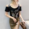 Fashion Women’s Mesh Bling Butterfly T-Shirt Clothes Sexy Off Shoulder Luxury Hot Diamonds Tops Summer Short Sleeve Female Tees Blouse