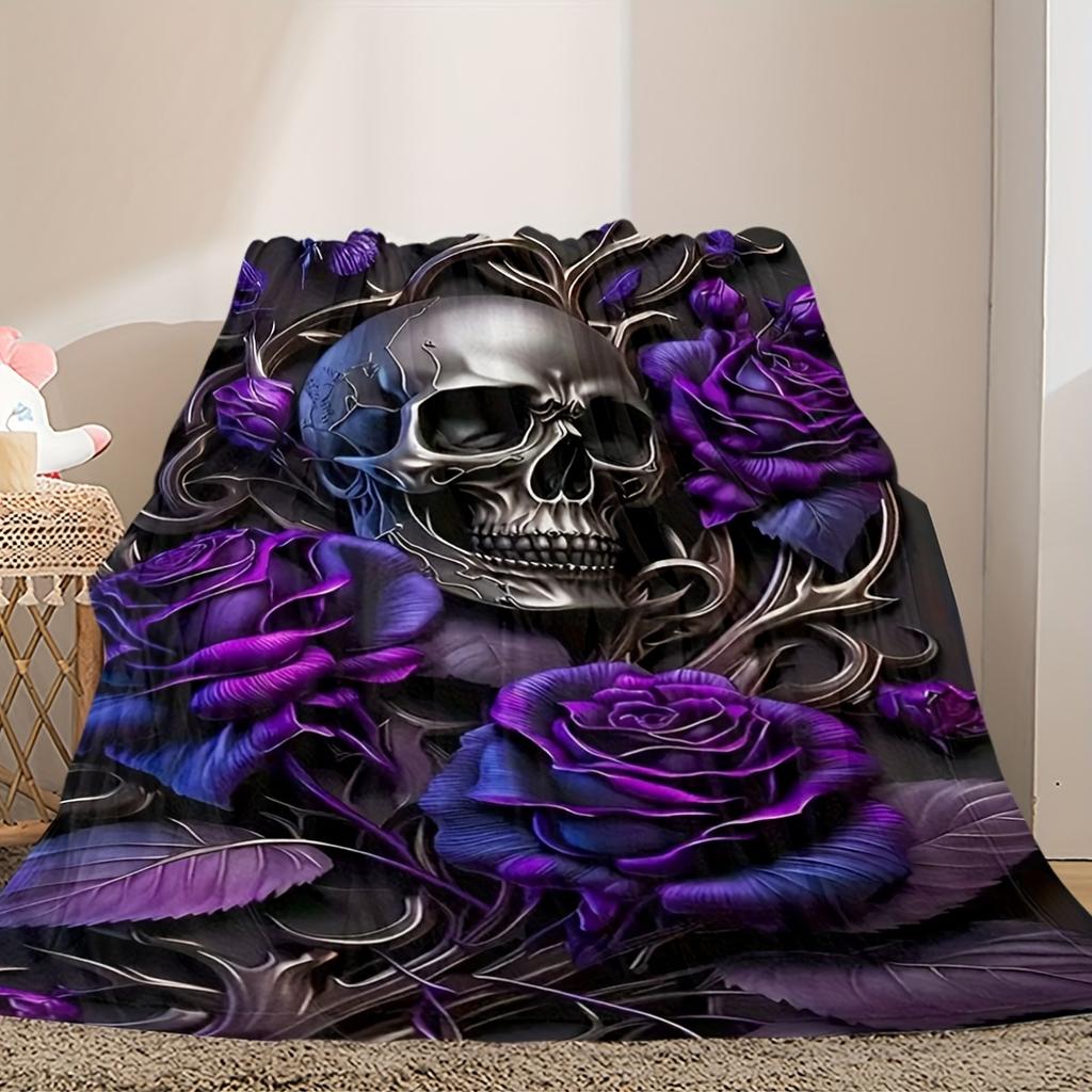 Traditional Style Hypoallergenic Flannel Throw Blanket with Skull and Roses Print - Hand Washable Digital Print Horror Theme Multipurpose Bl
