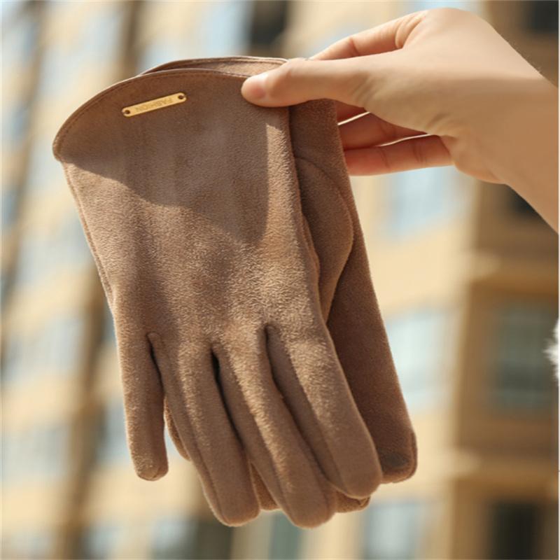 Woman's Winter Warm Suede Leather Touch Screen Driving Gloves Man's Cold Plus Velvet Thick Fingerless Flip Cycling Mittens