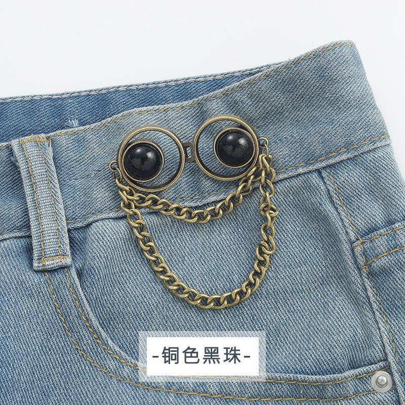 4pcs Pearl Chain Button Pins for Loose Jeans No Sew Pant Waist Tightener Adjustable Button Waistband Tightener Clips for Women