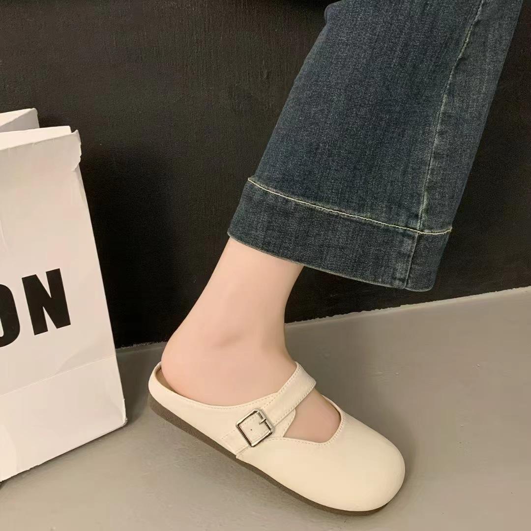 

2025 весна новое лето мягкая кожа удобная ретро сумка голова мягкая подошва плоские ленивые повседневные туфли полушлепанцы женская верхняя одежда 40 бежевый