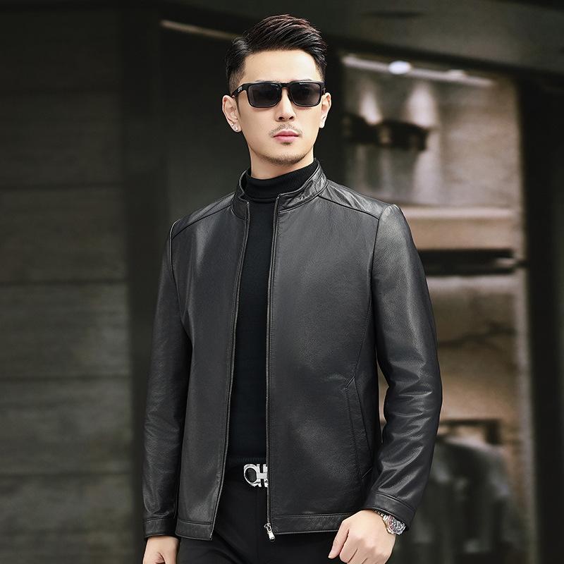 Haining Leather Jacket Men's First Layer Calfskin Jacket Spring and Autumn Single Leather Casual Slim Lapel Leather Jacket