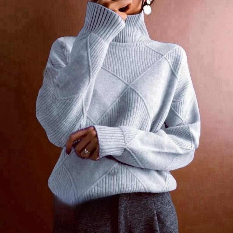 Womens High Neck Knit Sweater Solid Color Rhombus Warm Thick Long Sleeve Pullover