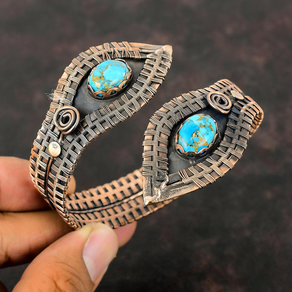 Miedziana Bransoletka Turkusowa Miedziana Bransoletka Miedziana Opleciona Kamieniem Szlachetnym Miedziana Biżuteria Ręcznie Robiona Bransoletka Mankieta Prezent Dla Niego