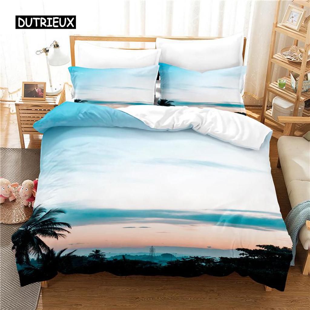 Ocean Duvet Cover Set, Tropical Island with The Palm Trees and Sea Beach Nature Theme Print Twin Bedding Set for Teens