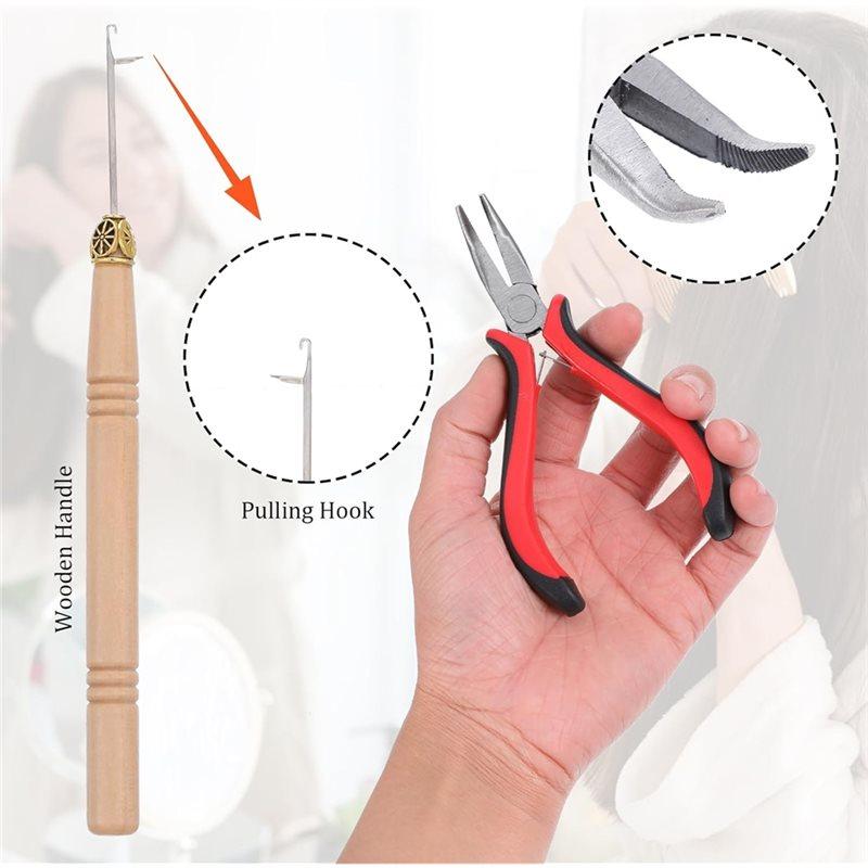 Easy Use 200Pcs Hair Beads,Three Hole Hair Pliers Roll Sewing Thread, Three Hole Hair Pliers Sewing Hair Extension Tools Kit