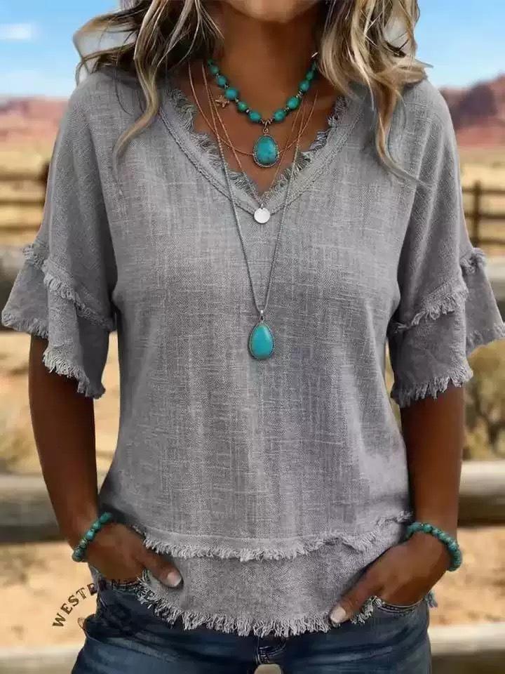 V-Neck Short Sleeve Loose Fit Women's Casual Pullover Top