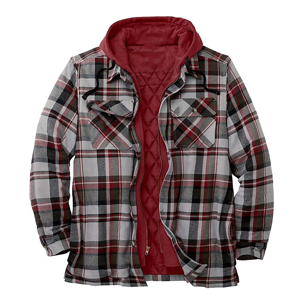 Men's Quilted Lined Button Down Plaid  Shirt Add Velvet To Keep Warm  Jacket With Hood