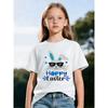 European Sizes Children Girls and Boys Cartoon Style Rabbit Pattern T-Shirt - Stylish Black Background, Trendy Sunglasses Rabbit, Hoppy Easter Design