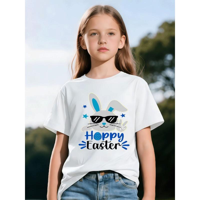 European Sizes Children Girls and Boys Cartoon Style Rabbit Pattern T-Shirt - Stylish Black Background, Trendy Sunglasses Rabbit, Hoppy Easter Design