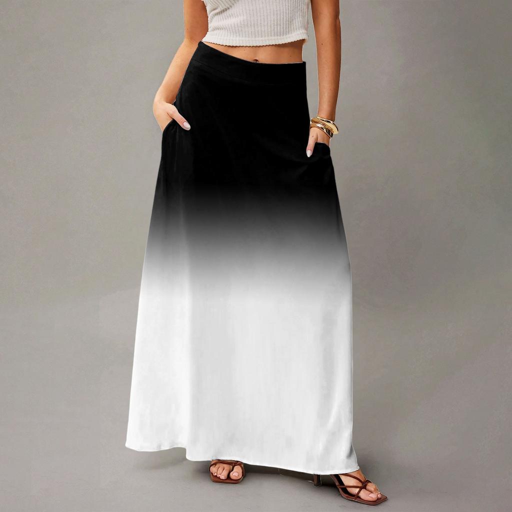 Damen Lässig Freizeit Faltbar Farbverlauf Druck Hohe Taille Mit Tasche Drapierter Entspannter Langer Maxi Rock