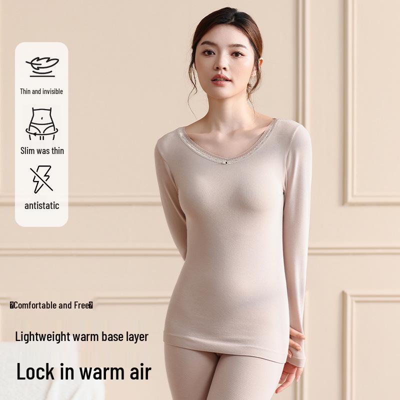 Women's Lace V-Neck Thermal Underwear Set - Slimming, Shaping, Heat-Generating Cotton