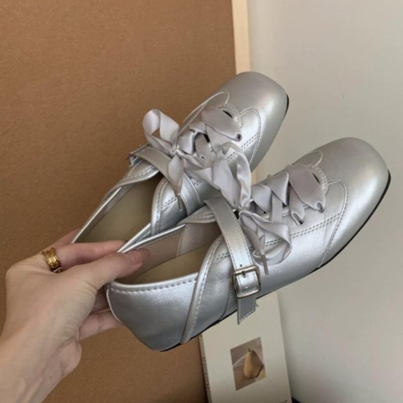 

Fashion Square Toe Shallow Mouth Mary Janes Women s Inside Heightened Ribbon Bow Casual Soft Sole Non-Slip Flat Single 35 срібний