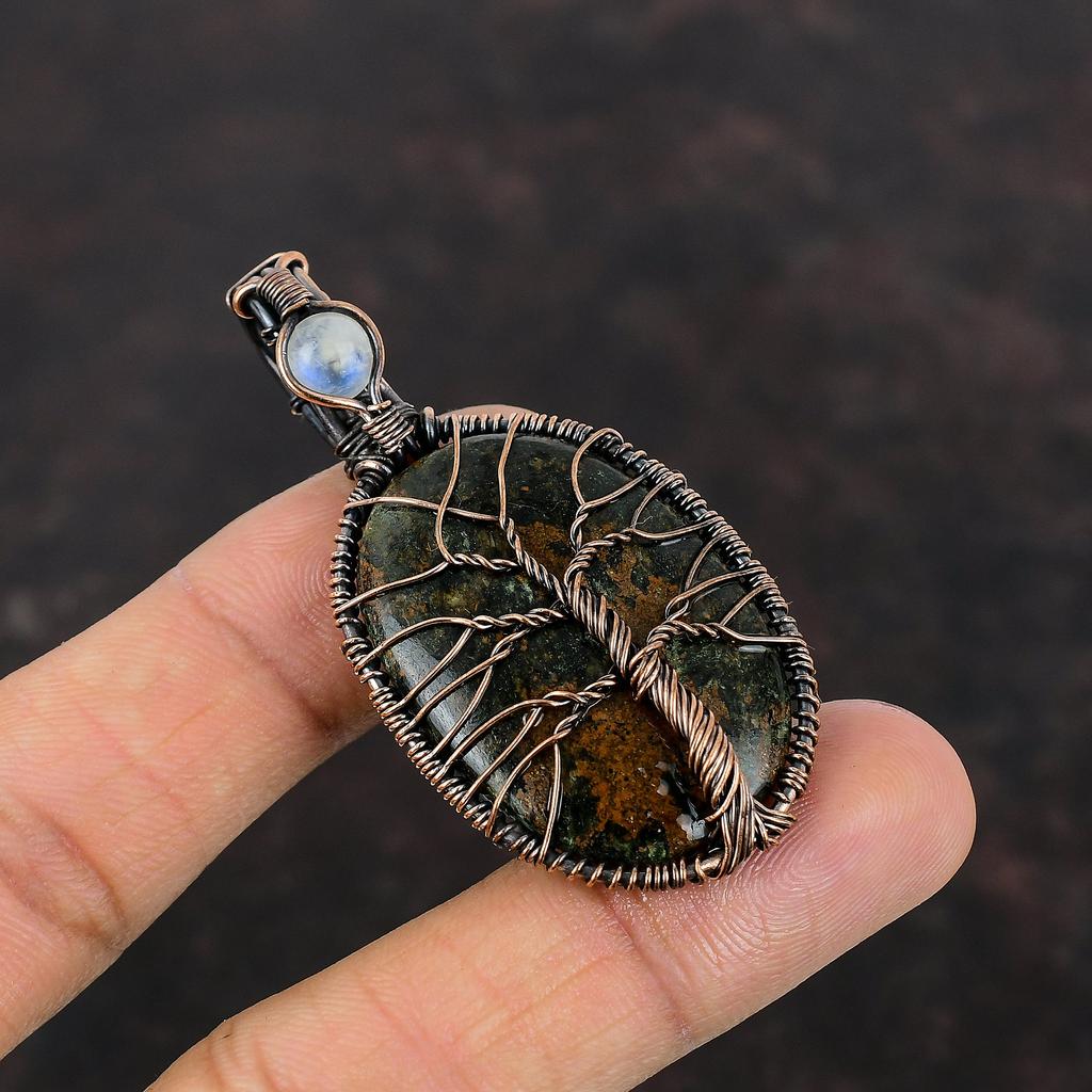 Pendant Arborele Vieții cu Granat Spessartină în Calcar, înfășurat cu sârmă de cupru, Pandantiv cu Piatră Prețioasă, Pandantiv cu Piatră de Lună Curcubeu, Bijuterii din Cupru Lucrate Manual