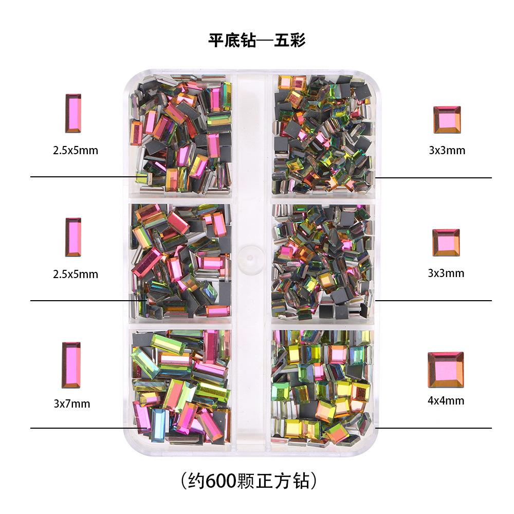 6 Grid Square Diamond Set, Nail Art Jewelry, Diamond Mirror Transparent Square Diamond Mixed Flat Bottom Diamond Diy Nail Decoration