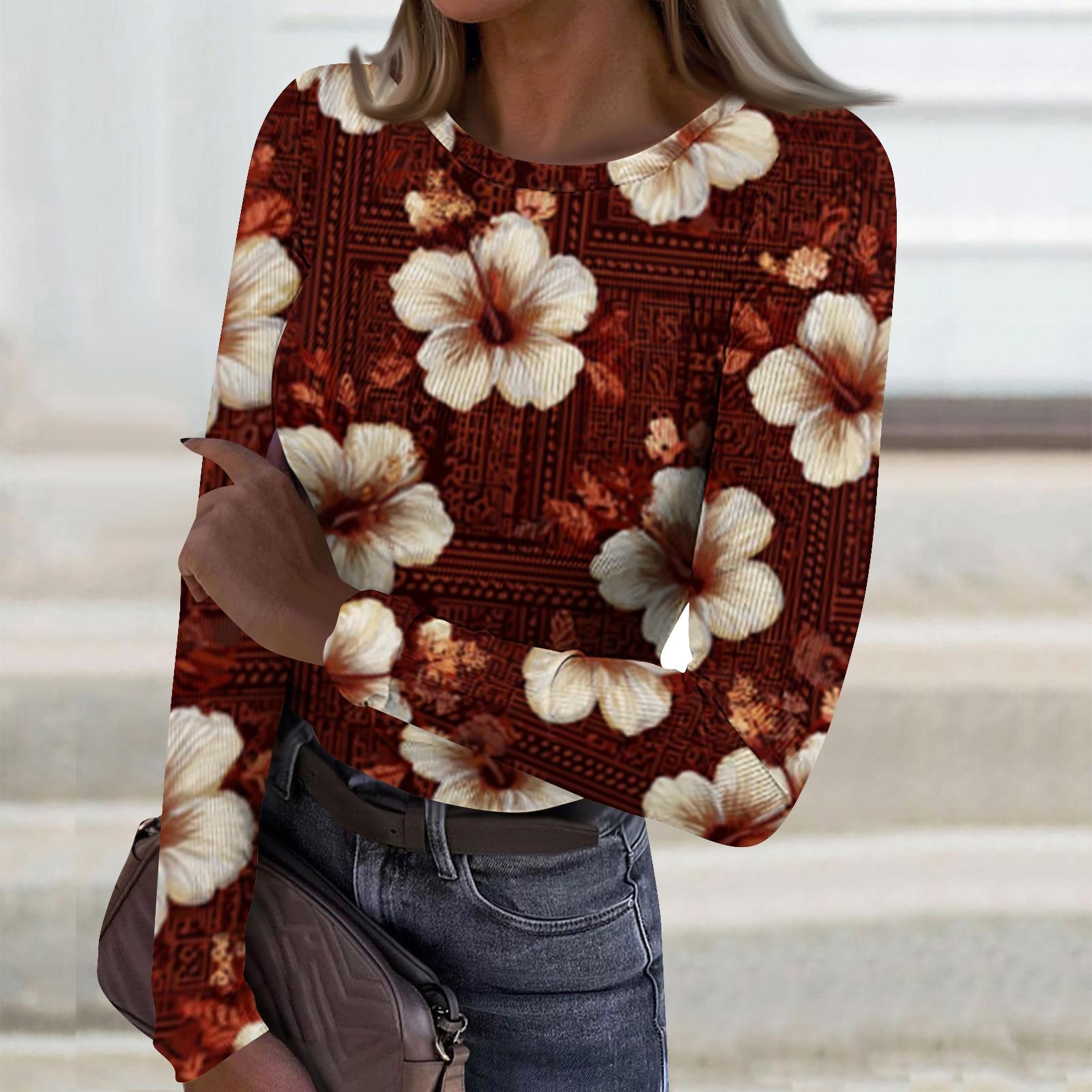 Women s Casual Fashion Round Neck Retro Print Long Sleeve Ribbed Top L