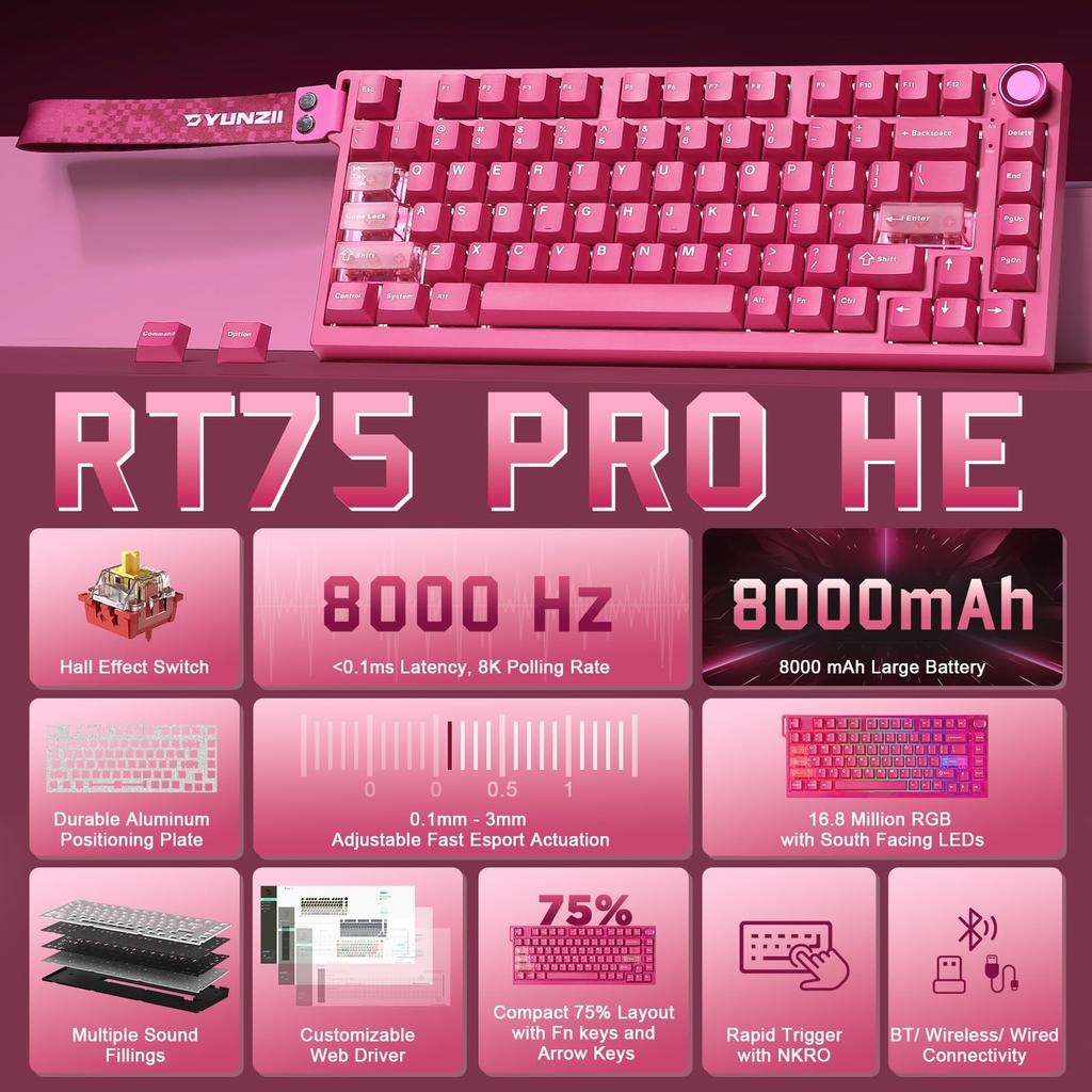 YUNZII RT75 PRO Wireless Gaming Rapid Hall Effect Mechanical Magnetic 8KHz Polling Rate 128K Adjustable RGB Compatible Autumn Magnetic Red Keyboard,