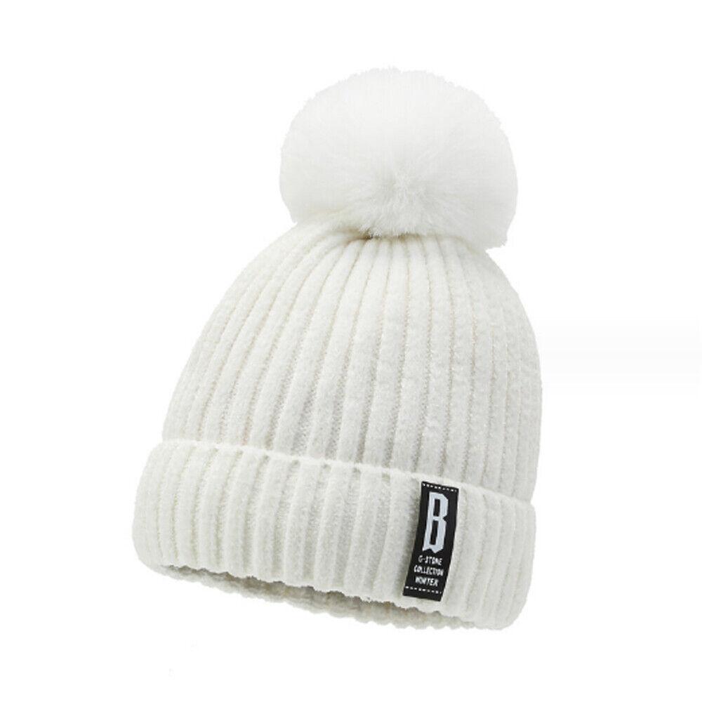 Knitted Bobble Hat Ladies Kids Beanie Warm Winter Pom-Pom Woolly Matching Cap