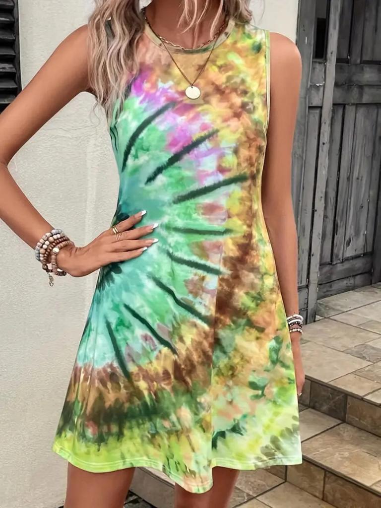 Summer Simple Geometric Floral 3D Print Sleeveless Vest Dress Spring And Summer Vacation Style Dress For Women
