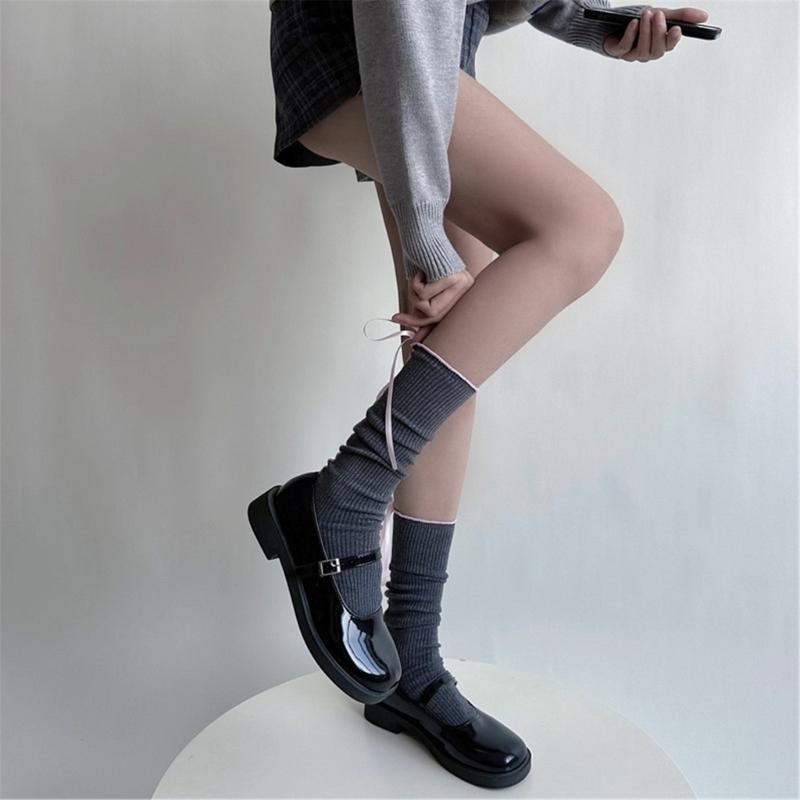 Japanese Style Fashion Middle Tube Calf Socks Women JK Girl Cute Bandage Bowknot Ruffke Trim Cotton Long Socks Stockings