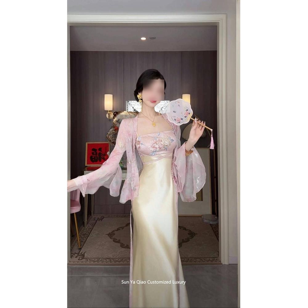 Summer double version new Chinese style jacquard embroidery suspender casual temperament high-end jumpsuit cheongsam long skirt