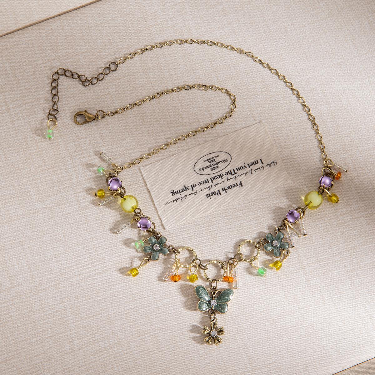 

Mori Colored Butterfly Flower Diamond Beaded Necklace, Niche Design Sense Advanced Sense Super Fairy Exquisite Collarbone Chain