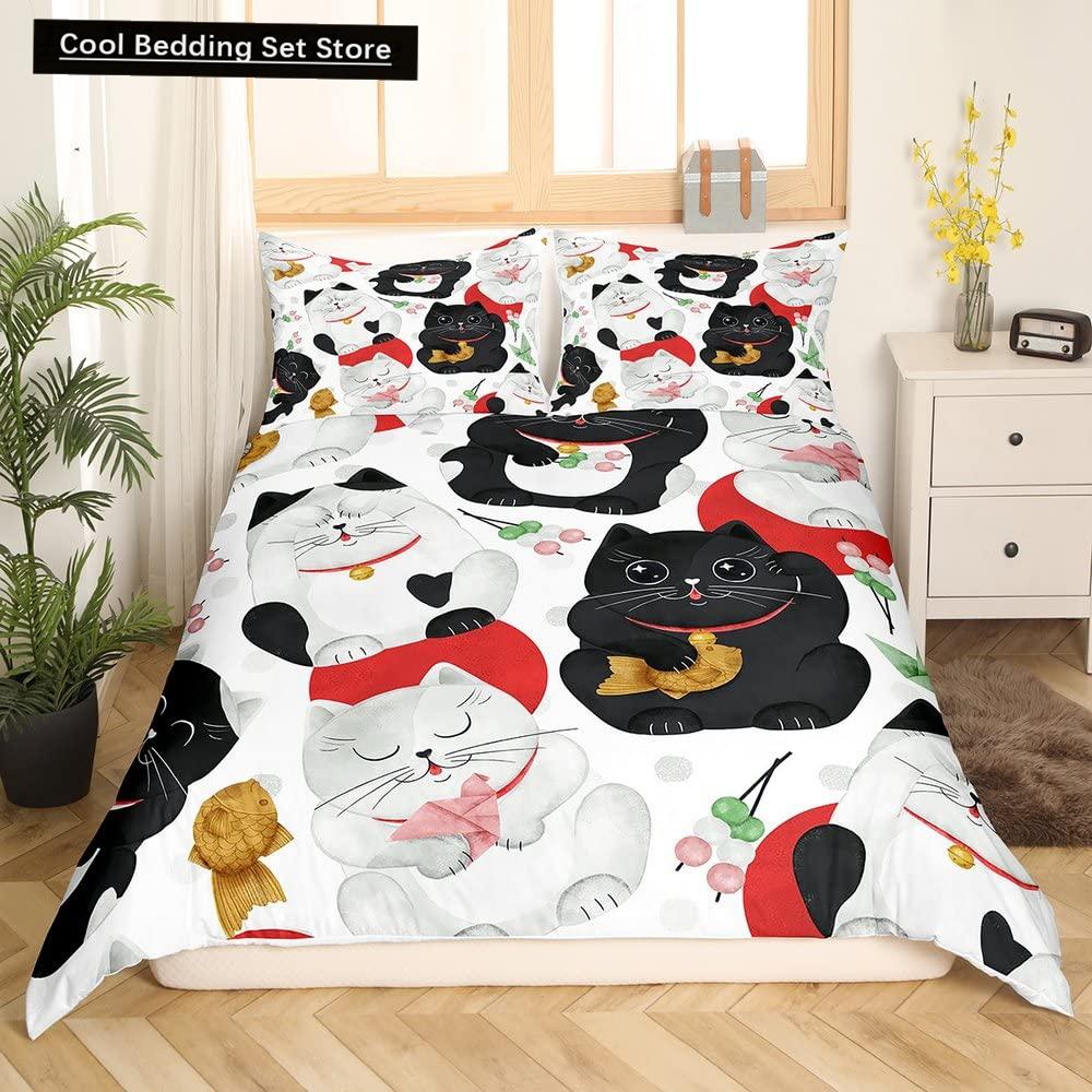 Cute Cat King Queen Duvet Cover Kitten Bedding Set Purple Floral Butterflies Polyester Quilt Cover Pet Animal Comforter Cover