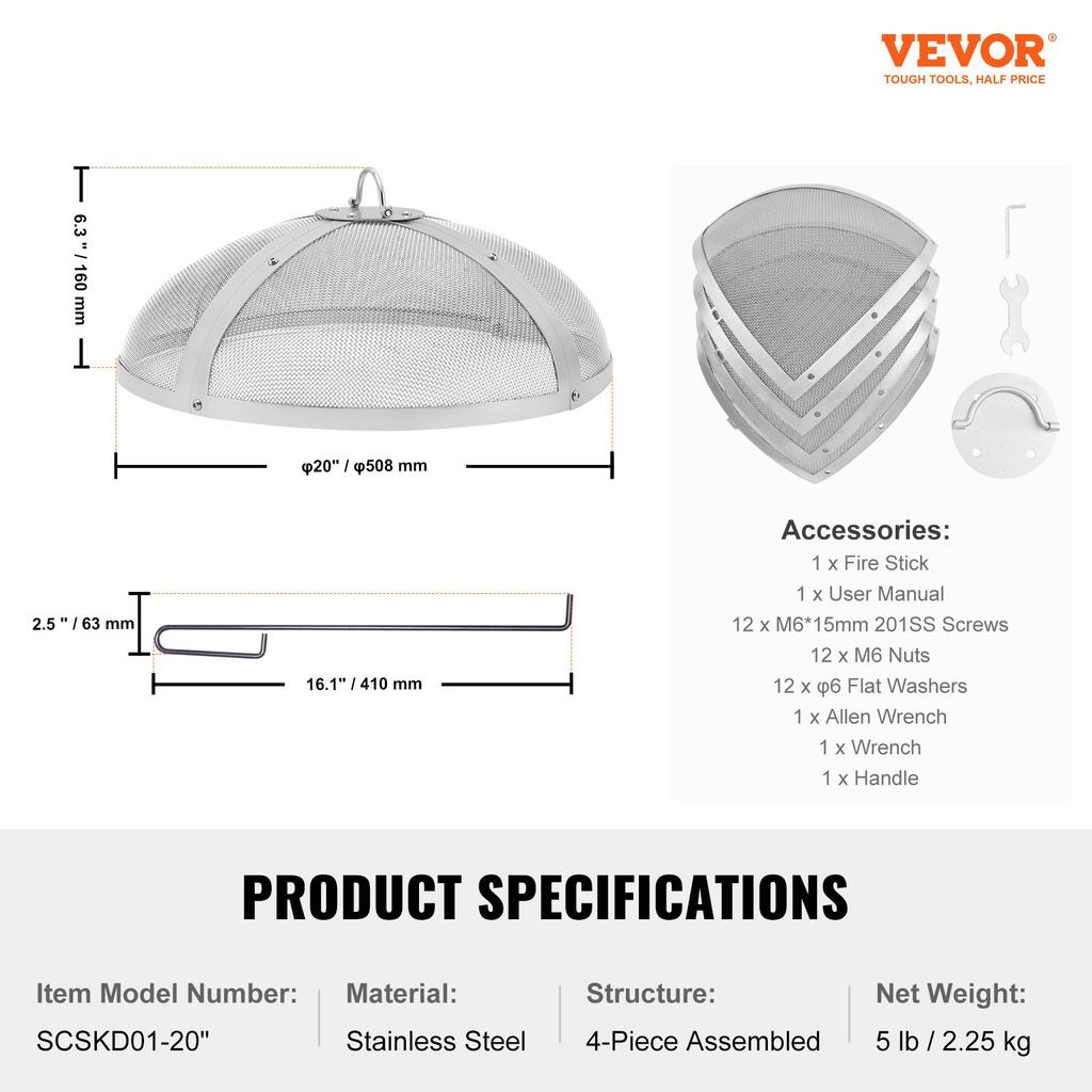 VEVOR Fire Pit Spark Screen Round 20", Reinforced Heavy Duty Steel Metal Cover, Outdoor Firepit Lid
