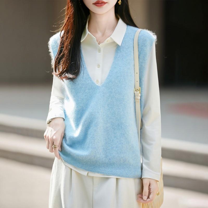 2026 Fall Womens V-Neck Knit Vest Silk Cashmere Wool Blend Sleeveless Top Solid Color Loose Fit