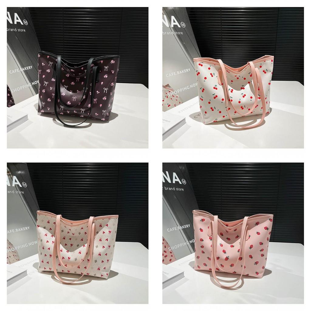 Large Capacity Pu Bag For Women With Bow Cherry Print Design