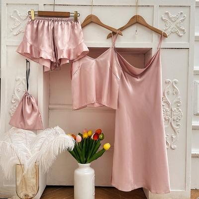 Set da quattro pezzi in seta ghiacciata, pigiama da donna, pantaloncini con bretelle, camicia da notte, pigiama leggero e confortevole