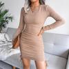 Autumn Winter Long Sleeve Hip Dress Solid Color O Neck Drawstring Pit Knit Pack