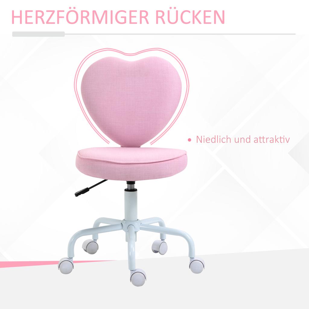 Silla giratoria, Bonito diseño de corazón, Altura regulable, Funda de tela con aspecto de lino, Rosa, 42 x 50 x 79-89 cm