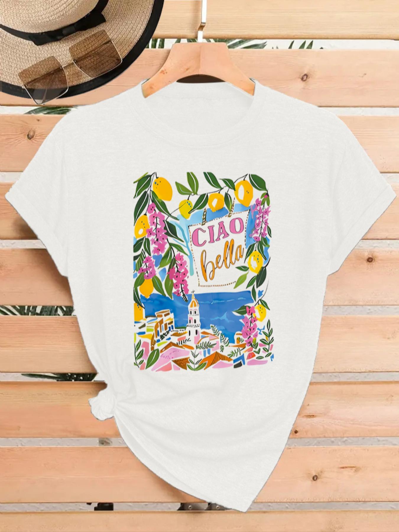 

Lemon Floral Print Womens Shirt Round Neck Cotton Graphic Tee Trendy Casual Short Sleeve TShirt for Daily Wear Ladies Top S