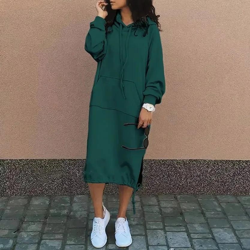 Autumn Winter Fashion Hoodie Long Sleeve Solid Color Dresses Women's Simple Loose Pocket Drawstring Hoodie Casual Long Sweatshirt