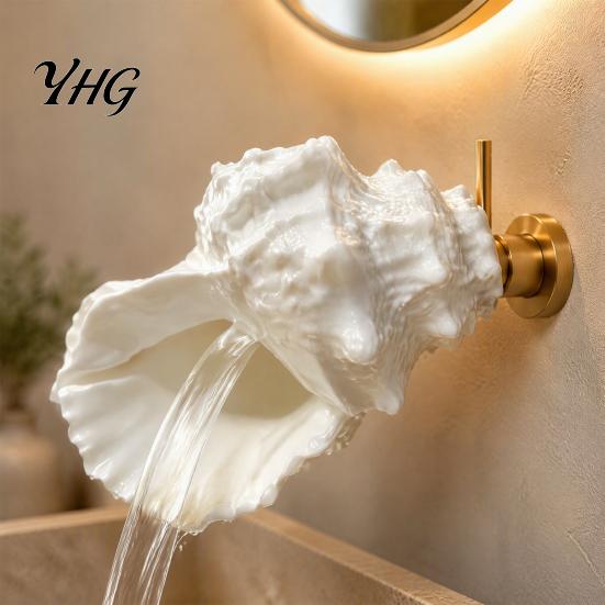 Flexible Water Flow Spout Coastal Seashell Wall-Mount Faucet, Conch Shape Bathroom Sink Ocean Rustic Country Style Faucet Theme Decorative Tap