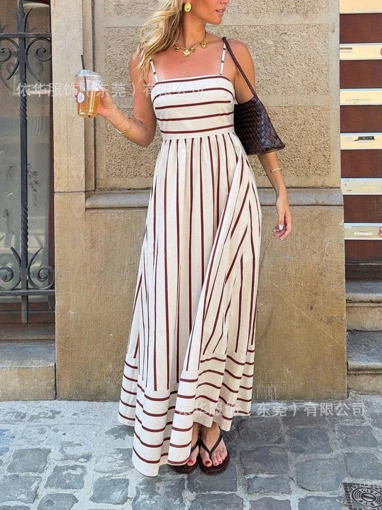 2026 European and American cross-border Amazon independent station black and white striped suspender A-word dress summer casual dress S
