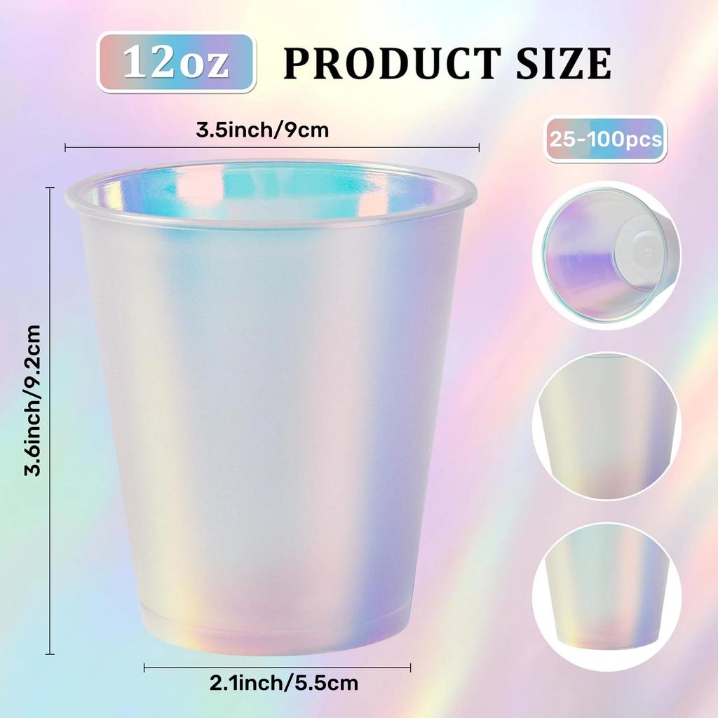25-100Pcs Disposable Plastic Cup Shiny Party Cups Iridescent Party Drinking Cups for Wedding Birthday Bachelorette Supplies 12oz
